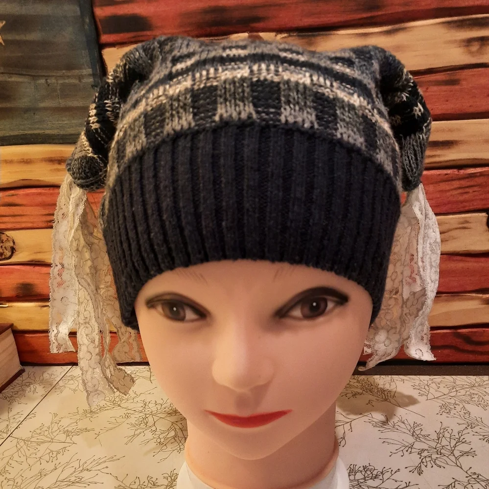 Fun funky knit hat M vtg lace tassels upcycled sweater handmade